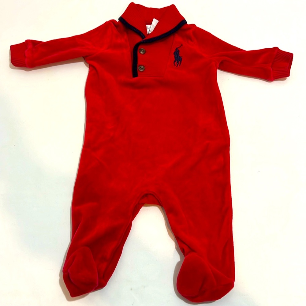 Velour footed coverall- red